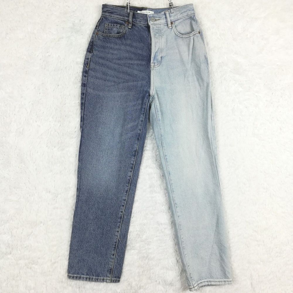 Pacsun Womens Jeans High Rise Straight Denim Two Tone‎ Blue Button Fly 25
